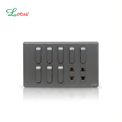 Lotus Slim Grey Series - 8 Switches - 2 Sockets Premium Panel